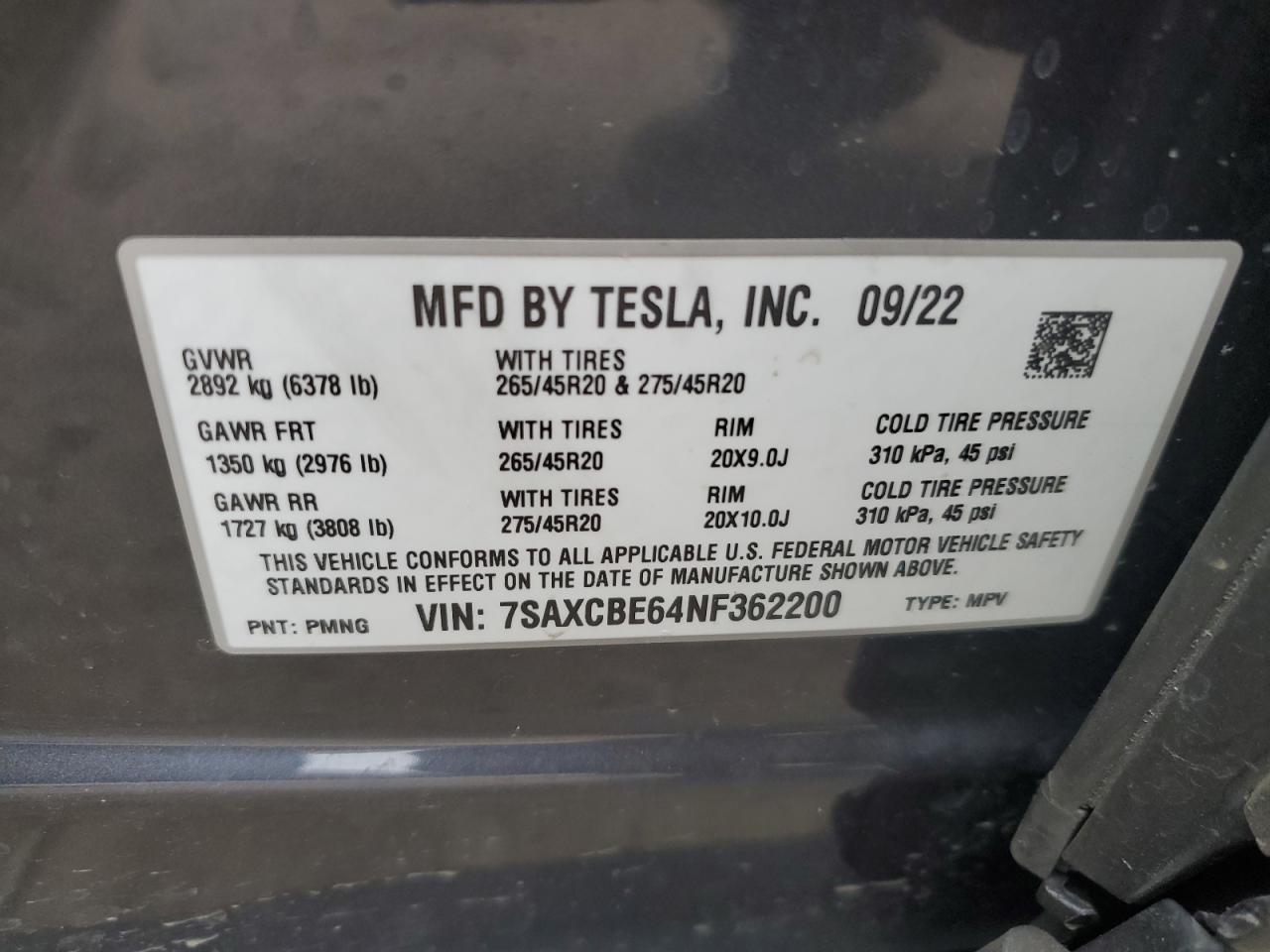 2022 TESLA MODEL X VIN:7SAXCBE64NF362200