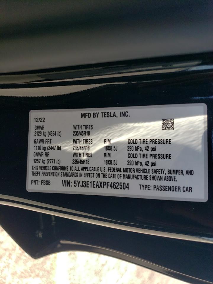 2023 TESLA MODEL 3 VIN:5YJ3E1EAXPF462504