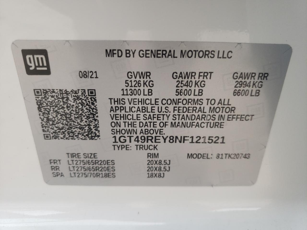 2022 GMC SIERRA K2500 DENALI VIN:1GT49REY8NF121521