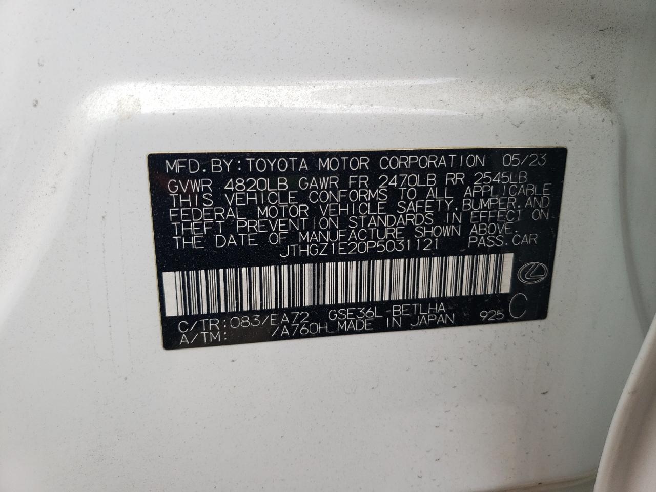 2023 LEXUS IS 350 F SPORT VIN:JTHGZ1E20P5031121