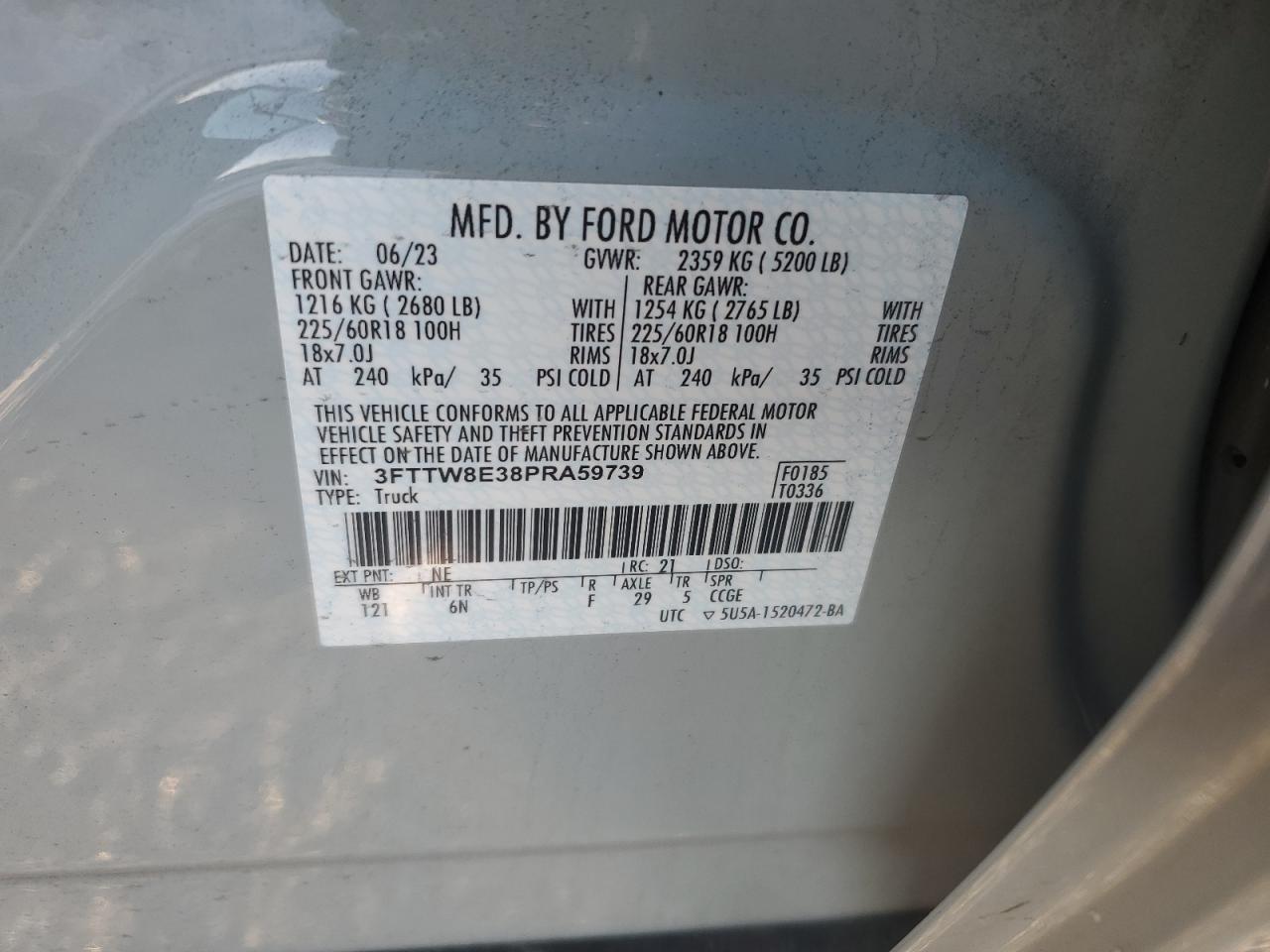 2023 FORD MAVERICK XL VIN:3FTTW8E38PRA59739