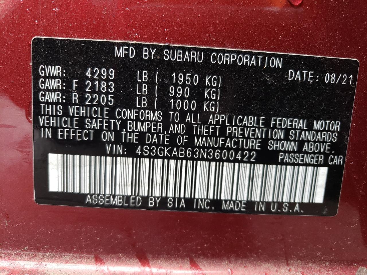 2022 SUBARU IMPREZA VIN:4S3GKAB63N3600422