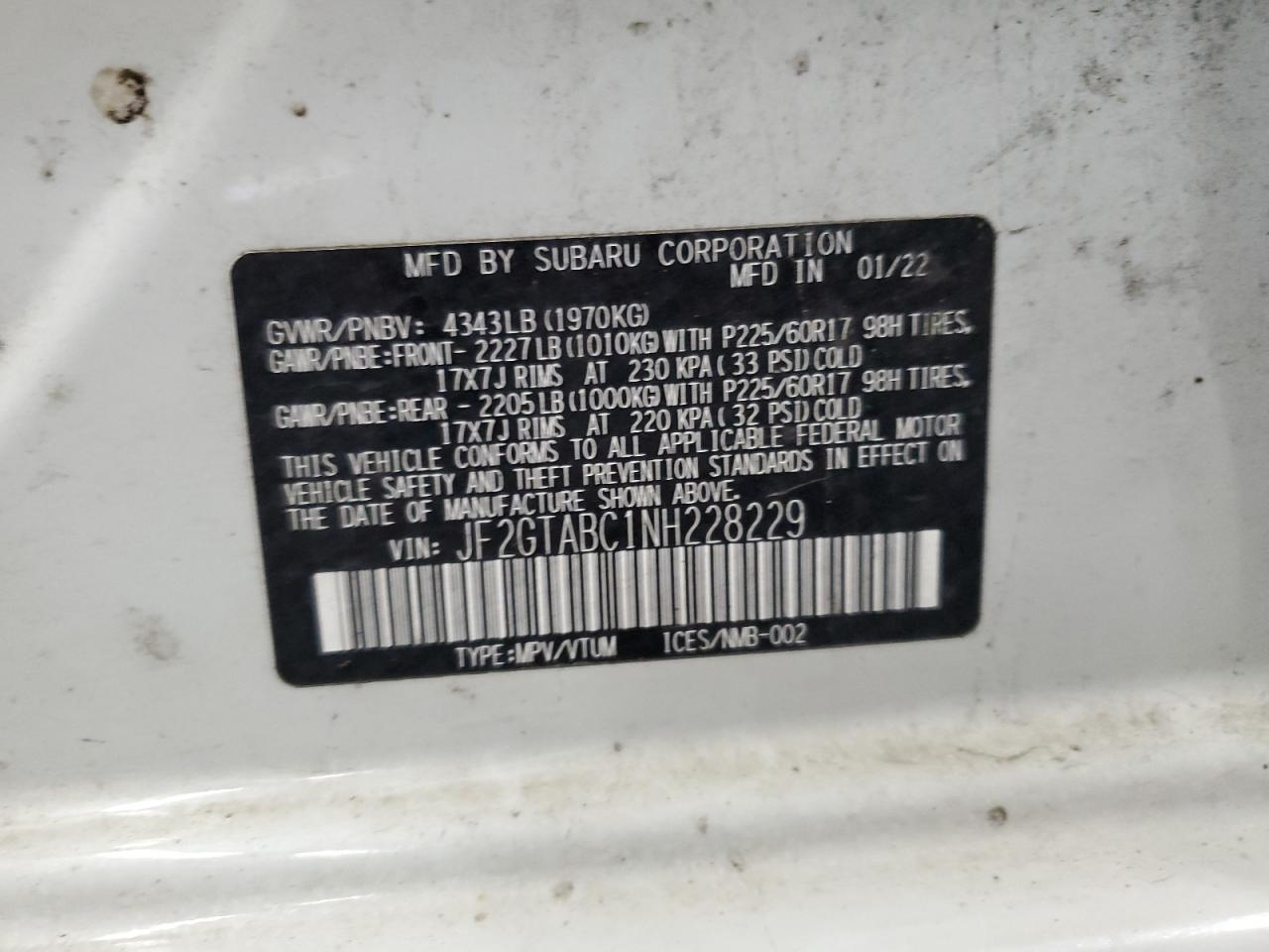 2022 SUBARU CROSSTREK VIN:JF2GTABC1NH228229