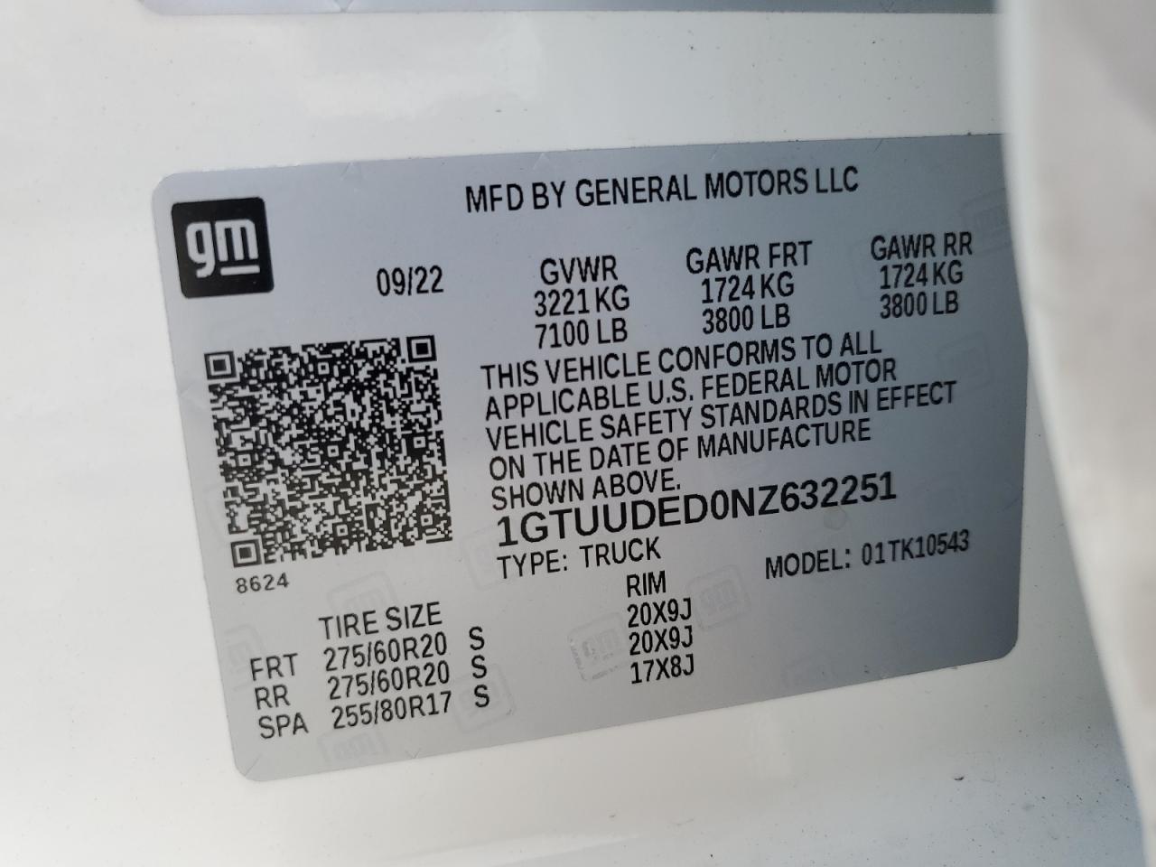 2022 GMC SIERRA K1500 SLT VIN:1GTUUDED0NZ632251