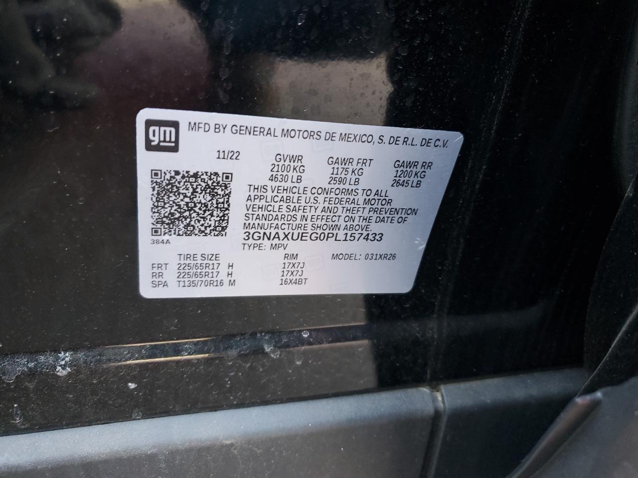 2023 CHEVROLET EQUINOX LT VIN:3GNAXUEG0PL157433