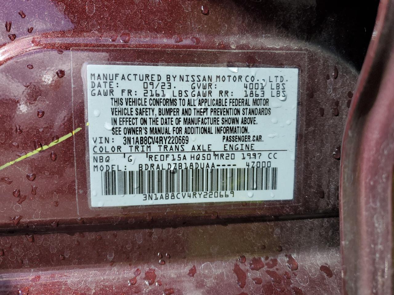 2024 NISSAN SENTRA SV VIN:3N1AB8CV4RY220669