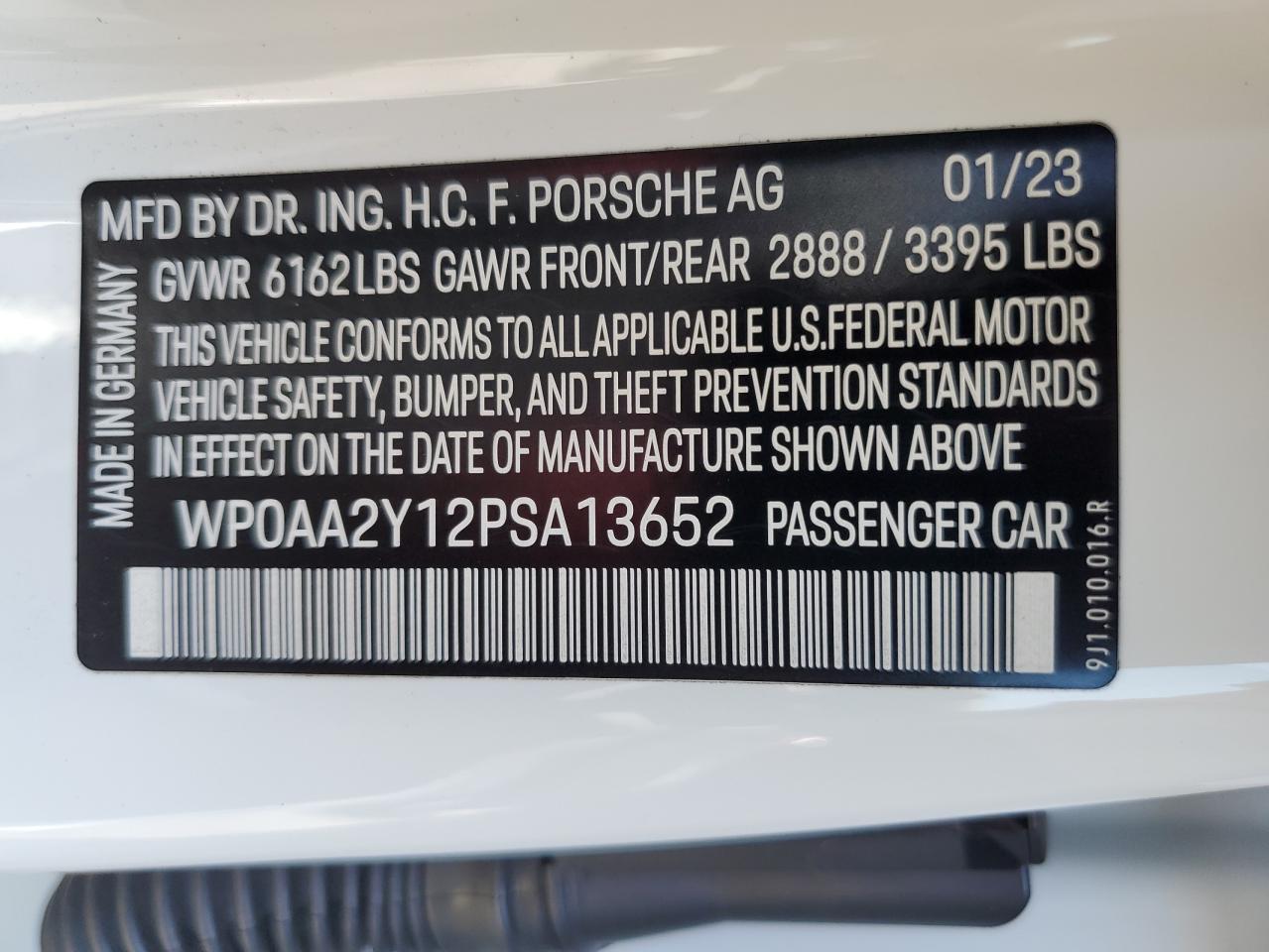 2023 PORSCHE TAYCAN VIN:WP0AA2Y12PSA13652