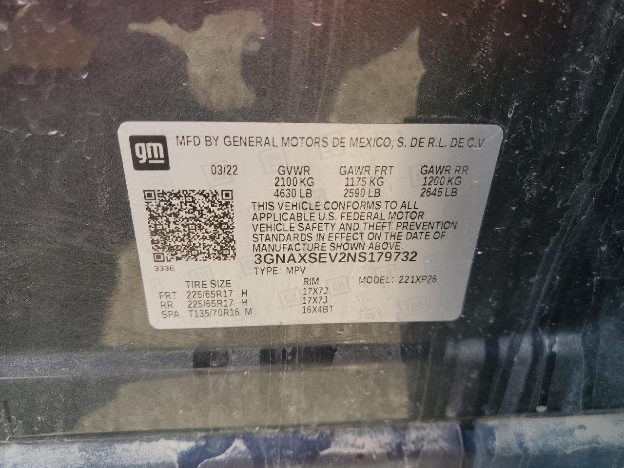 2022 CHEVROLET EQUINOX LS VIN:3GNAXSEV2NS179732