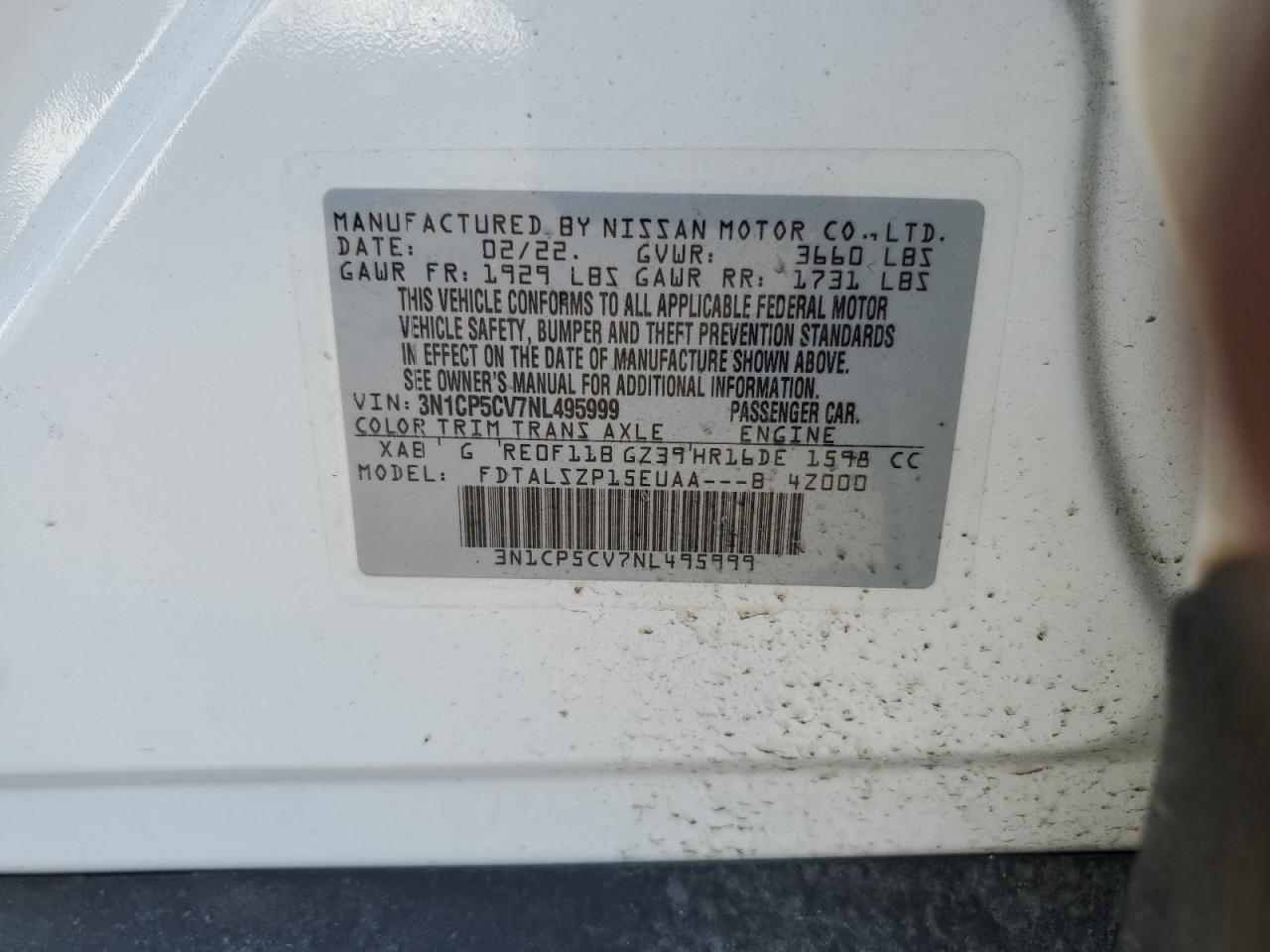 2022 NISSAN KICKS SV VIN:3N1CP5CV7NL495999