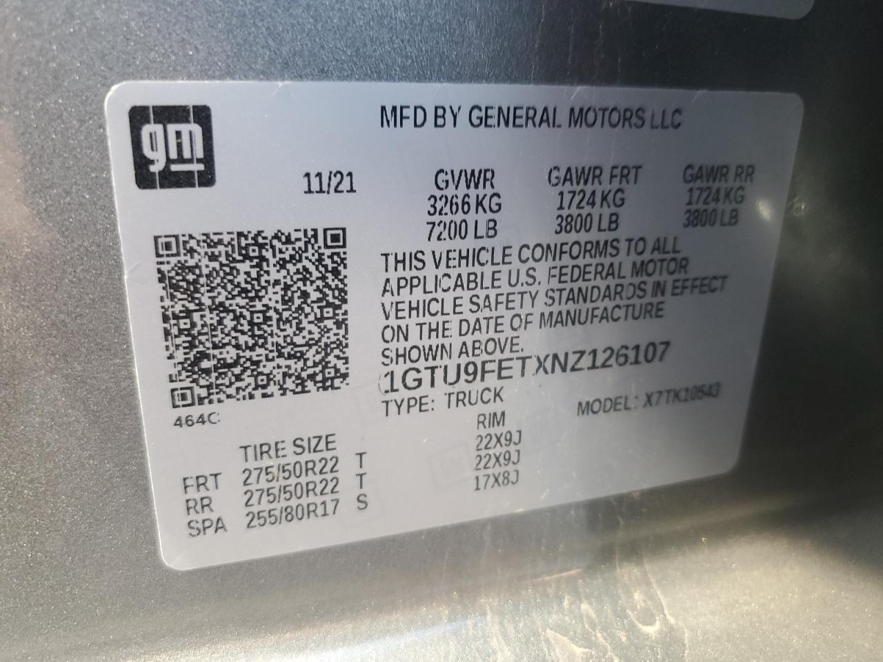 2022 GMC SIERRA LIMITED K1500 DENALI VIN:1GTU9FETXNZ126107