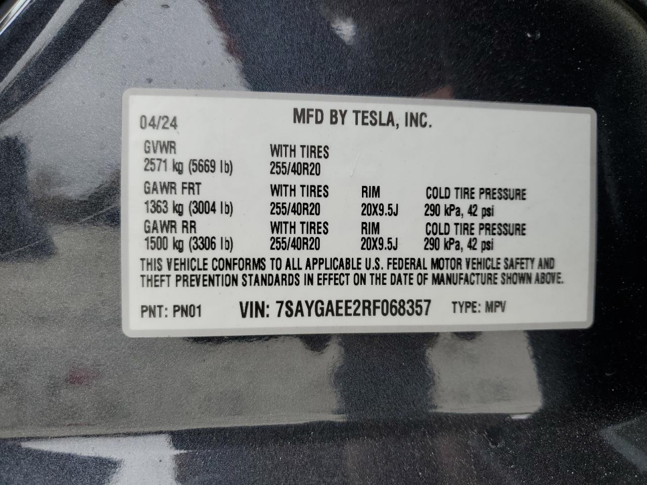 2024 TESLA MODEL Y VIN:7SAYGAEE2RF068357