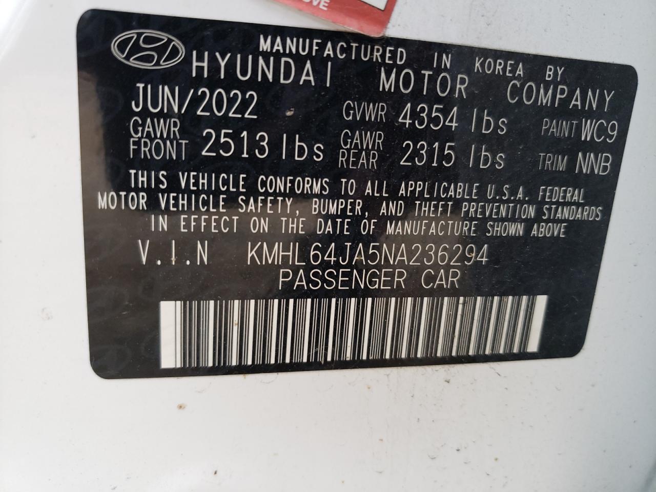 2022 HYUNDAI SONATA SEL VIN:KMHL64JA5NA236294