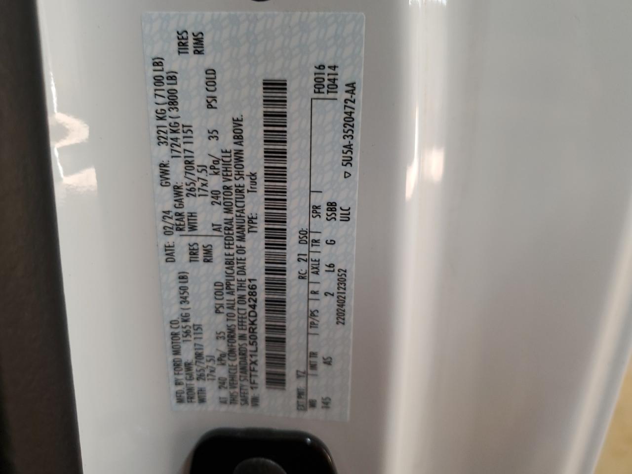2024 FORD F150 XL VIN:1FTFX1L50RKD42861