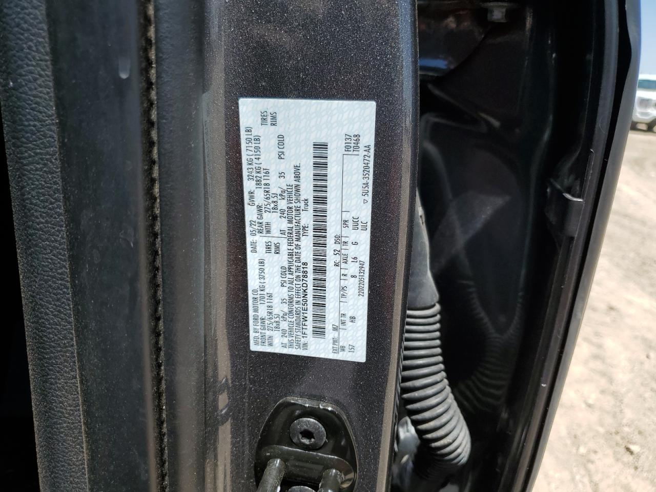 2022 FORD F150 SUPERCREW VIN:1FTFW1E50NKD78818