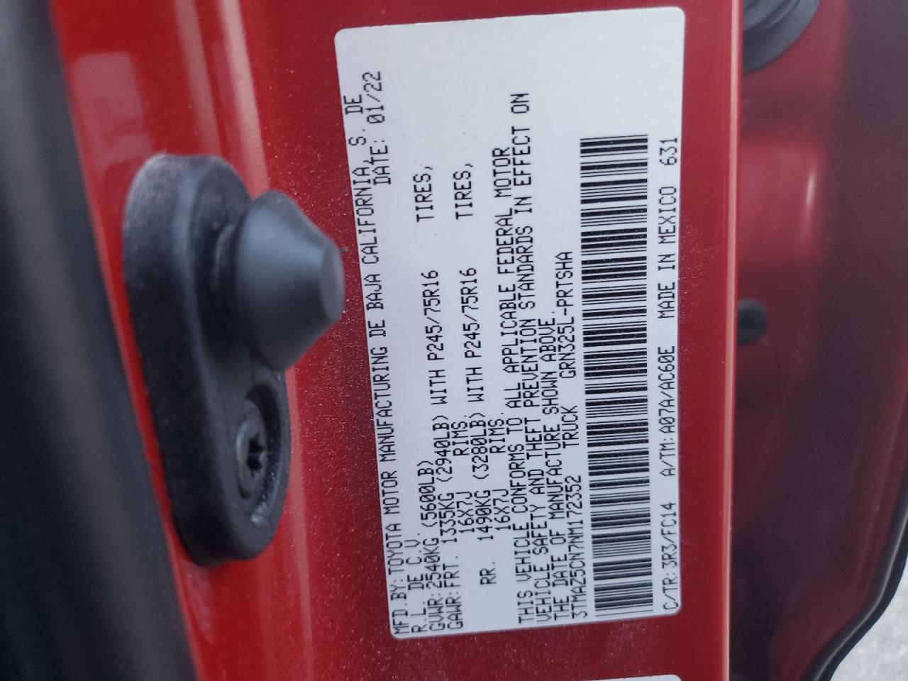 2022 TOYOTA TACOMA DOUBLE CAB VIN:3TMAZ5CN7NM172352