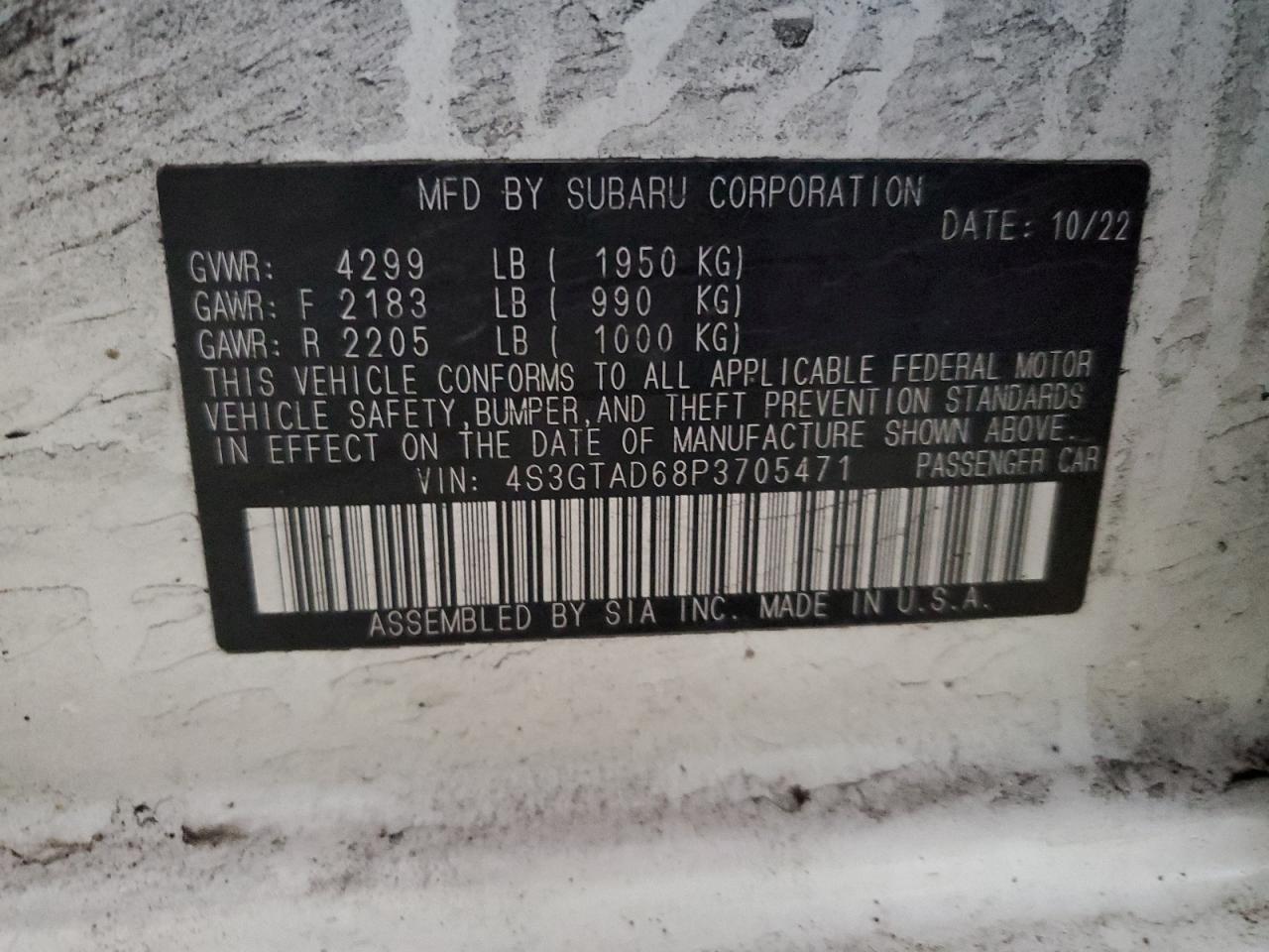 2023 SUBARU IMPREZA PREMIUM VIN:4S3GTAD68P3705471