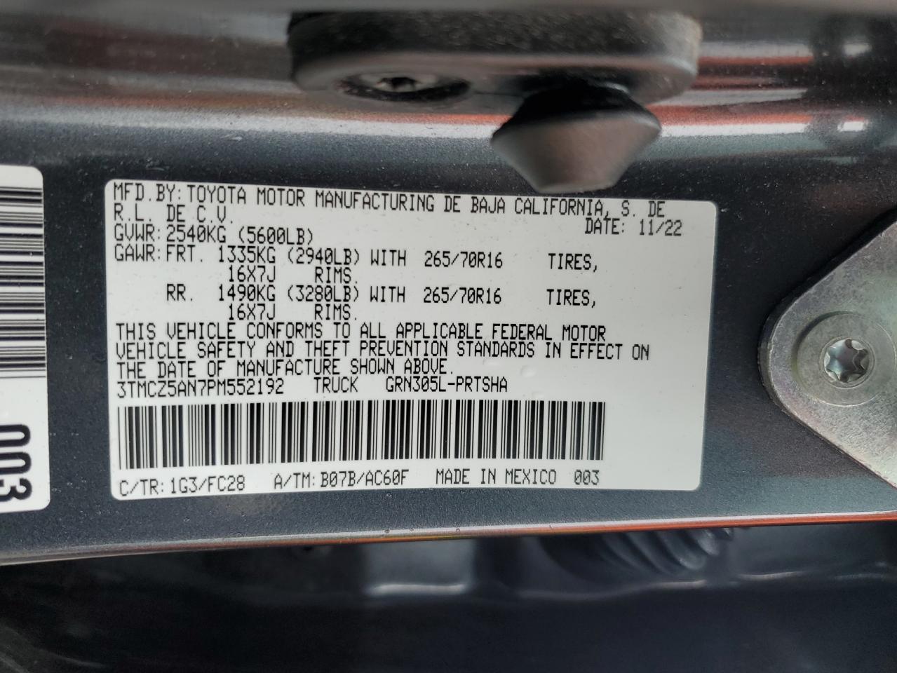 2023 TOYOTA TACOMA DOUBLE CAB VIN:3TMCZ5AN7PM552192