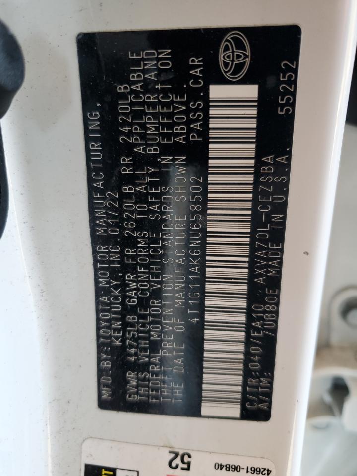 2022 TOYOTA CAMRY SE VIN:4T1G11AK6NU658502