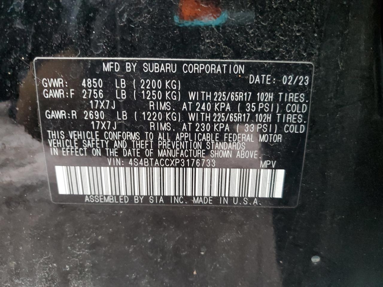 2023 SUBARU OUTBACK PREMIUM VIN:4S4BTACCXP3176733