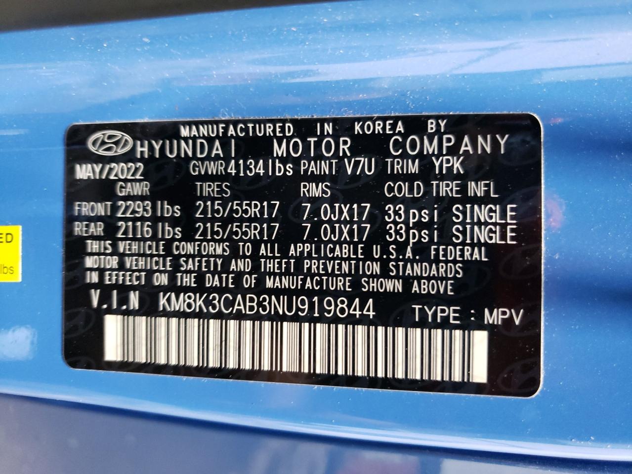 2022 HYUNDAI KONA SEL VIN:KM8K3CAB3NU919844
