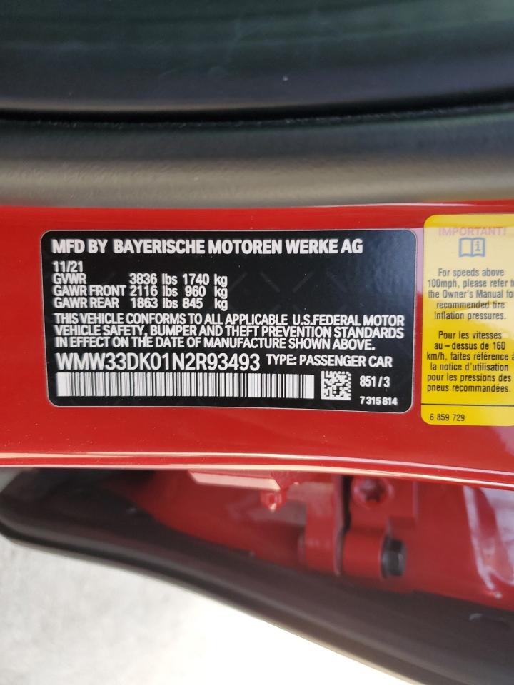 2022 MINI COOPER VIN:WMW33DK01N2R93493