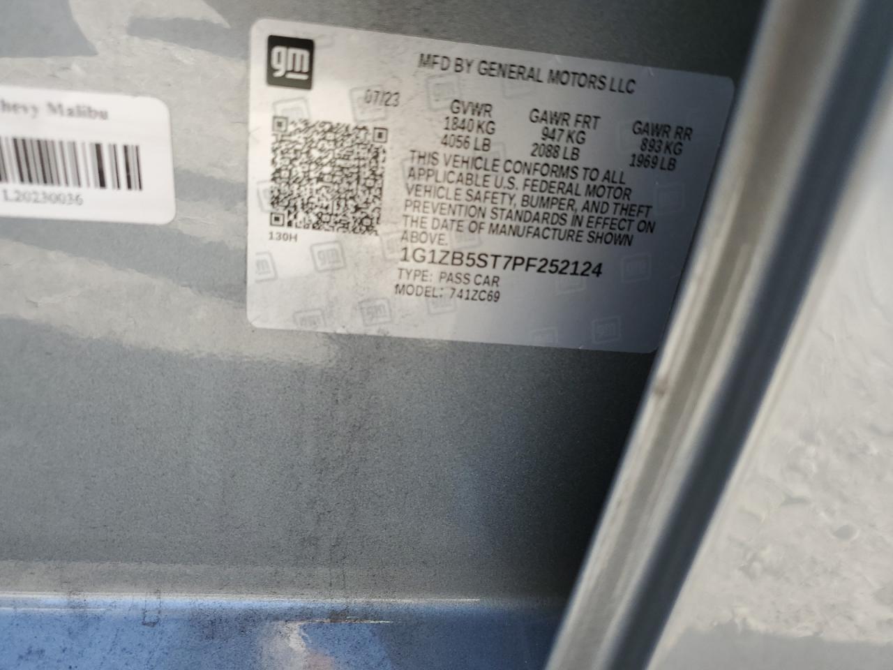 2023 CHEVROLET MALIBU LS VIN:1G1ZC5ST7HF248167