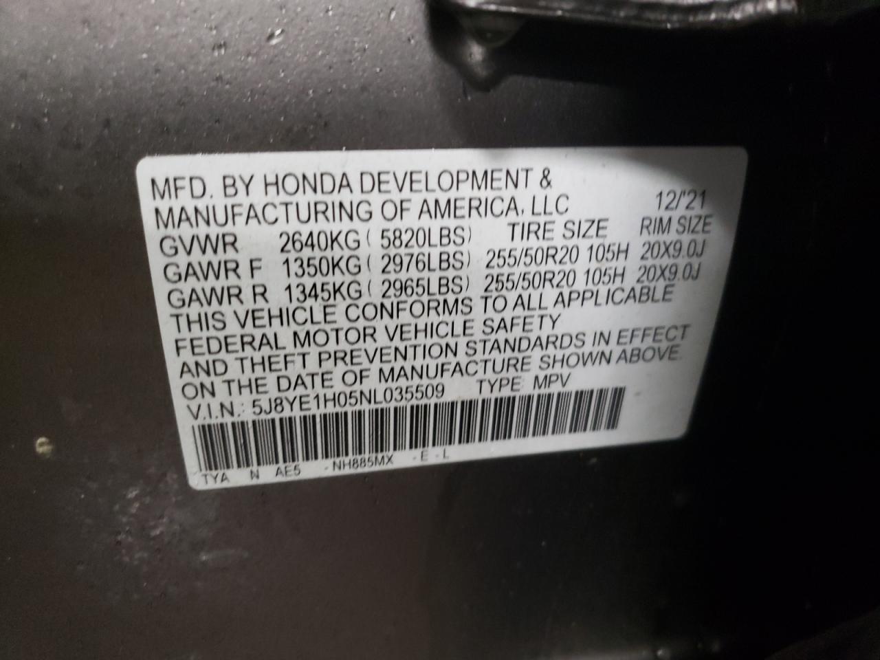 2022 ACURA MDX A-SPEC VIN:5J8YE1H05NL035509