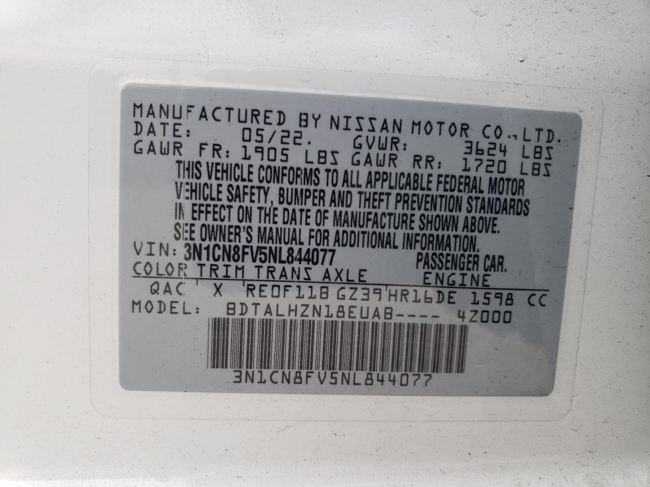 2022 NISSAN VERSA SR VIN:3N1CN8FV5NL844077
