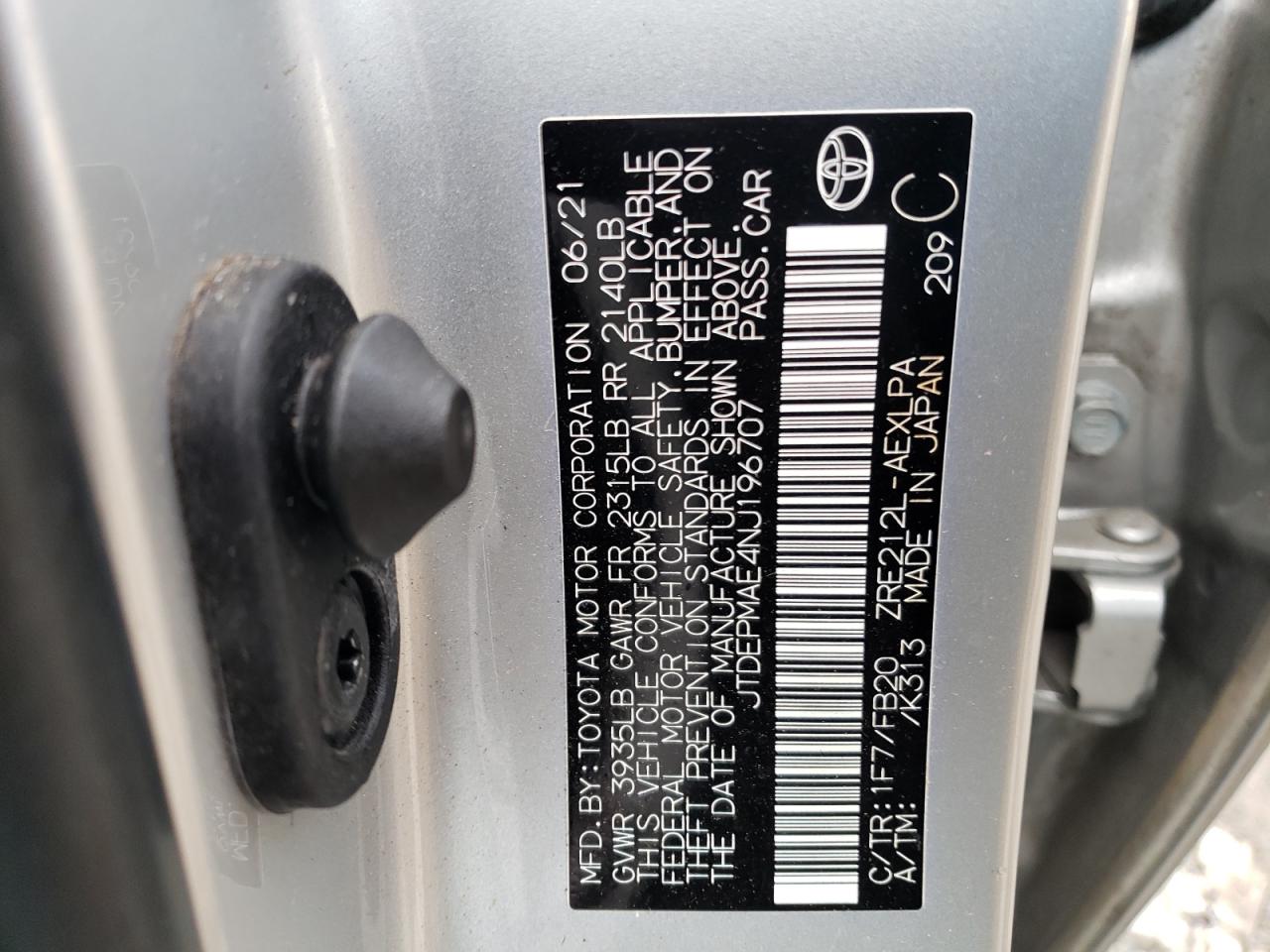 2022 TOYOTA COROLLA LE VIN:JTDEPMAE4NJ196707