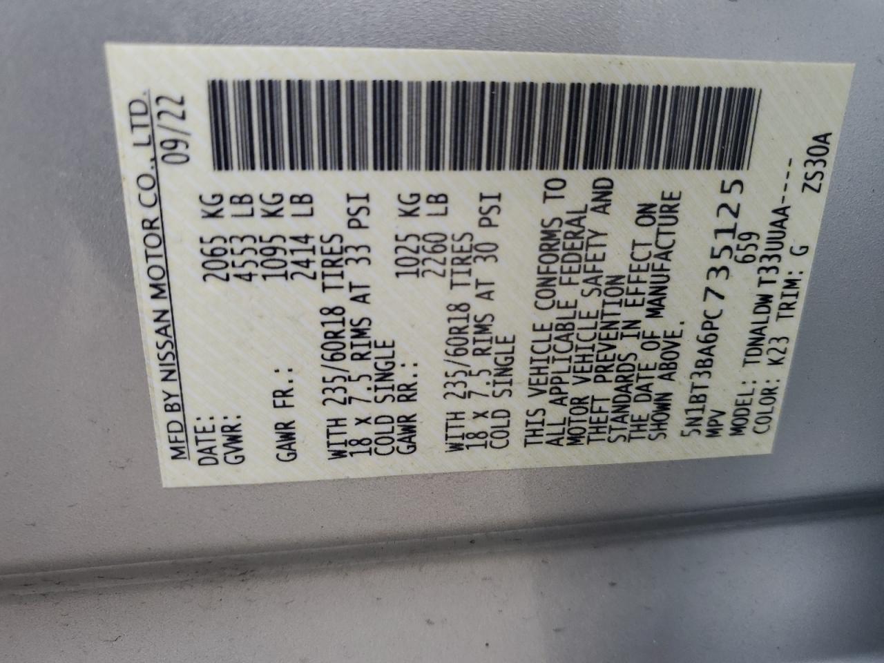 2023 NISSAN ROGUE SV VIN:5N1BT3BA6PC735125