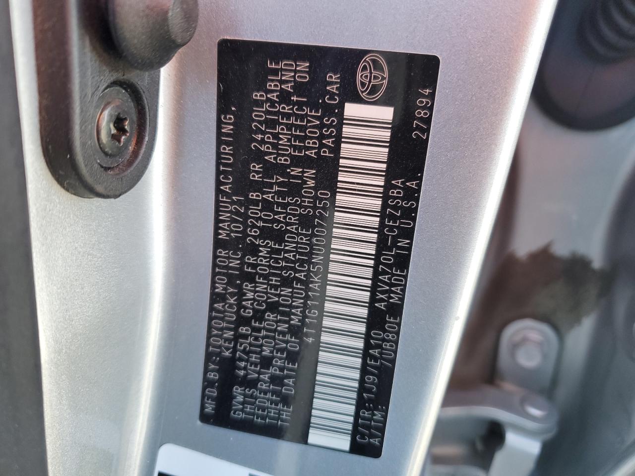2022 TOYOTA CAMRY SE VIN:4T1G11AK5NU007250