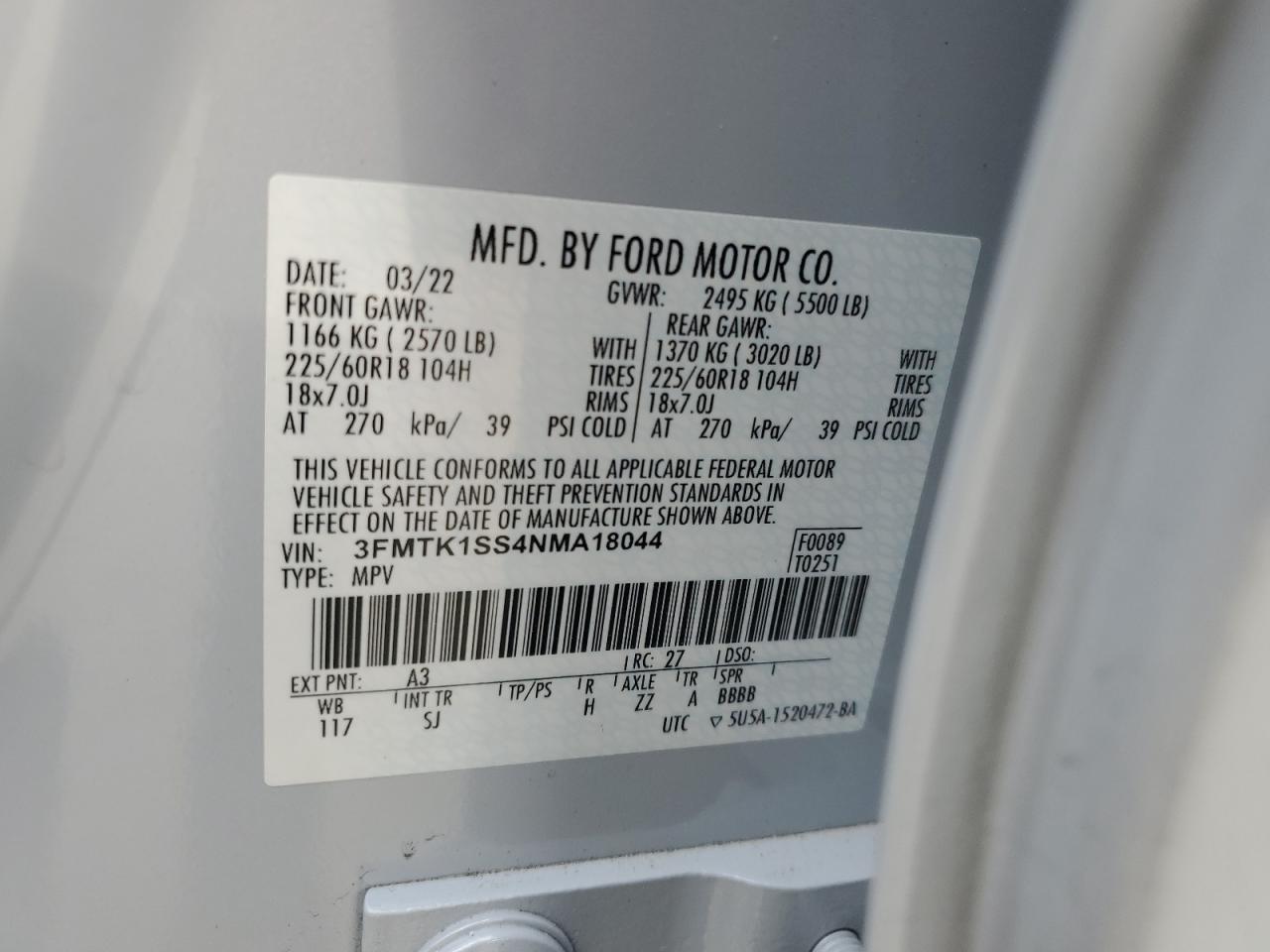 2022 FORD MUSTANG MACH-E SELECT VIN:3FMTK1SS4NMA18044
