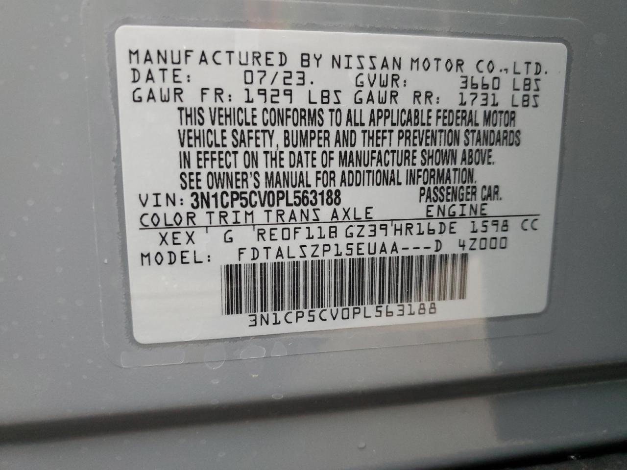 2023 NISSAN KICKS SV VIN:3N1CP5CV0PL563188