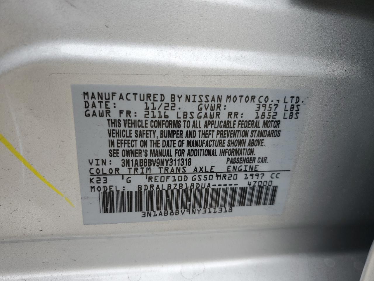 2022 NISSAN SENTRA S VIN:3N1AB8BV9NY311318