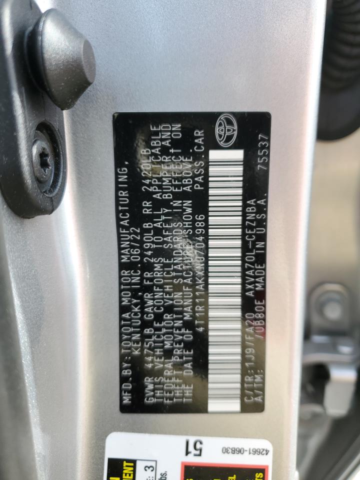 2022 TOYOTA CAMRY LE VIN:4T1R11AKXNU704986