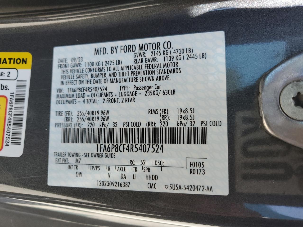 2024 FORD MUSTANG GT VIN:1FA6P8CF4R5407524