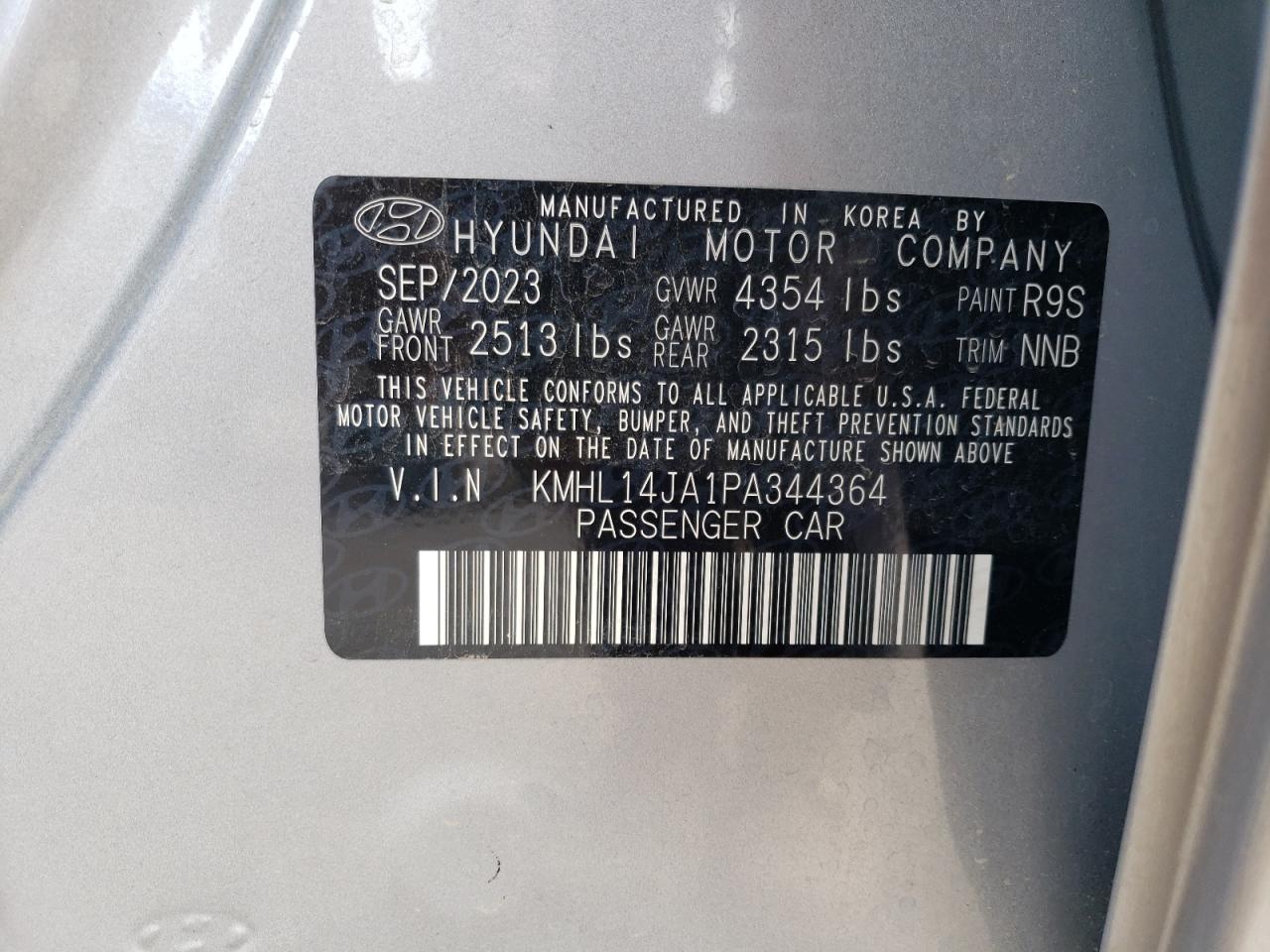 2023 HYUNDAI SONATA SEL VIN:KMHL14JA1PA344364