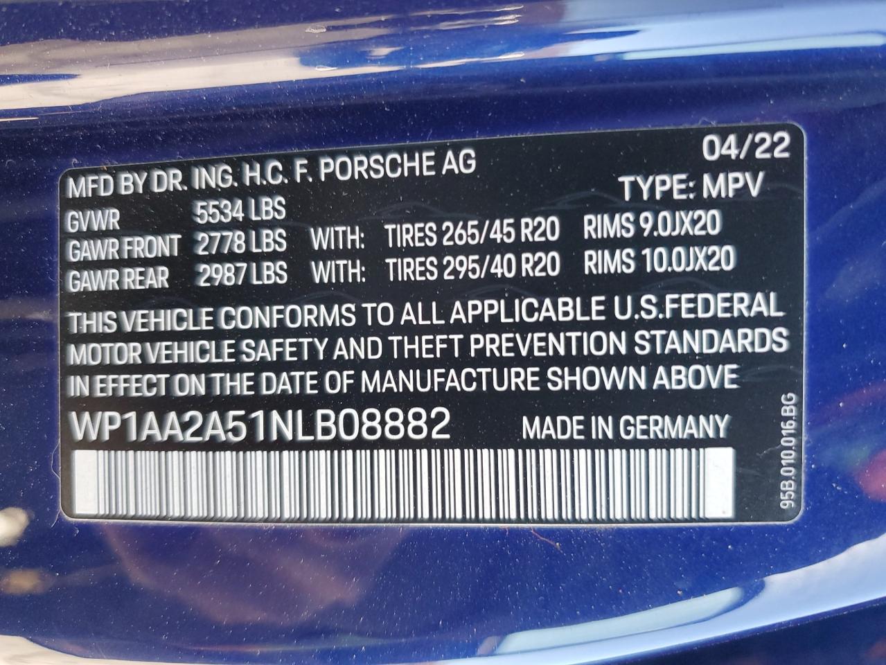 2022 PORSCHE MACAN VIN:WP1AA2A51NLB08882