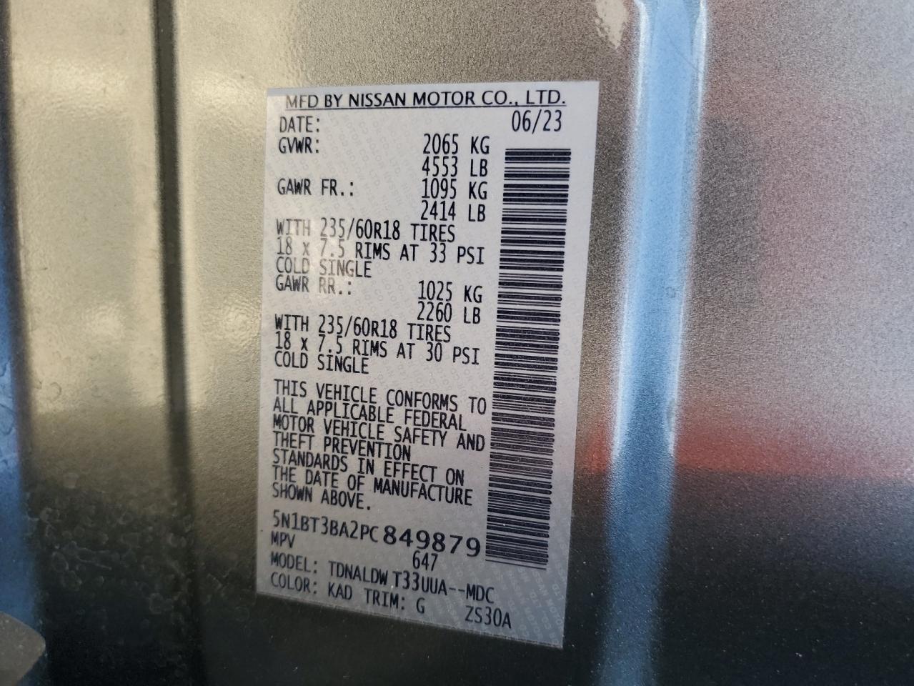 2023 NISSAN ROGUE SV VIN:5N1BT3BA2PC849879