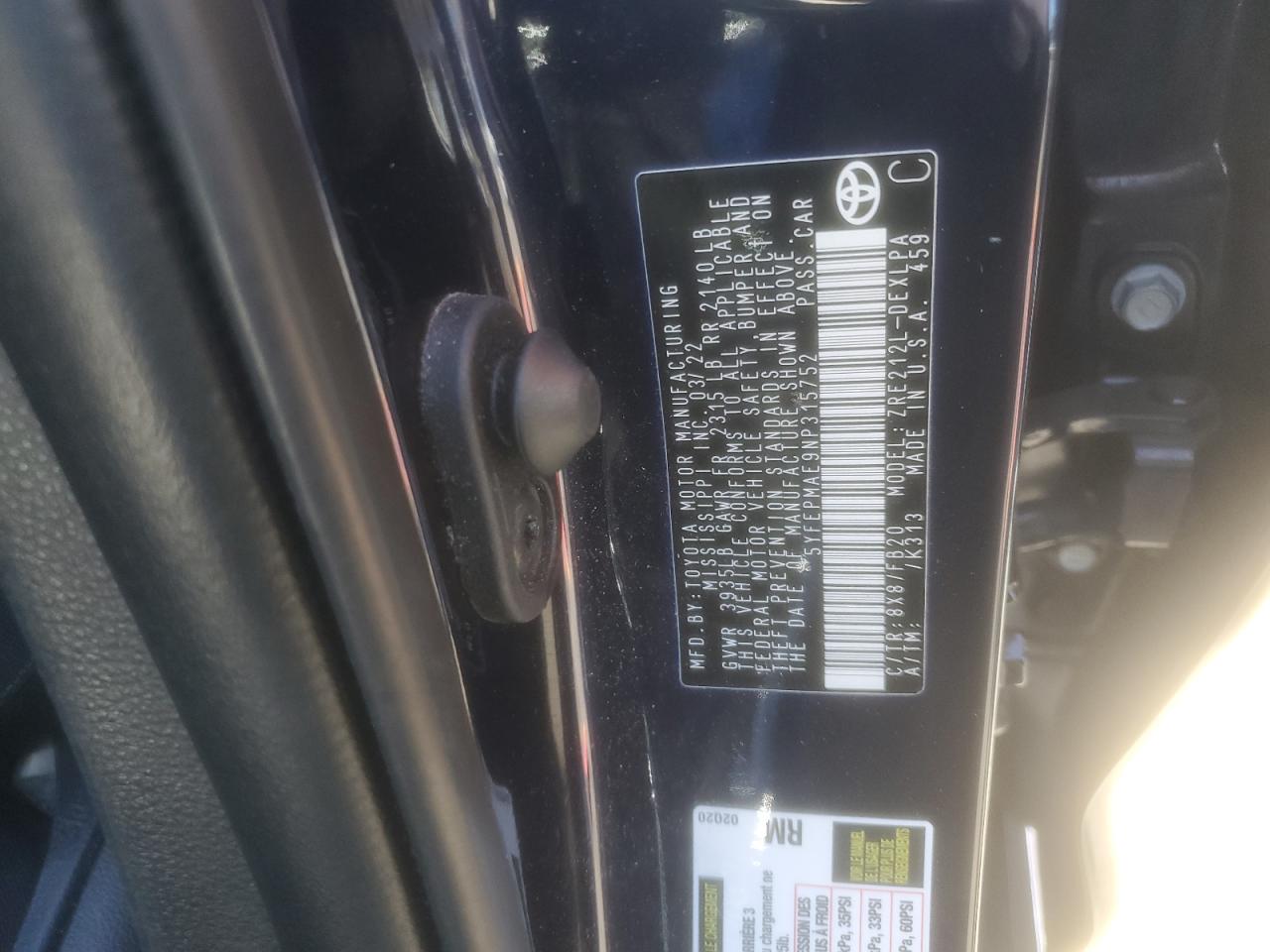 2022 TOYOTA COROLLA LE VIN:5YFEPMAE9NP315752