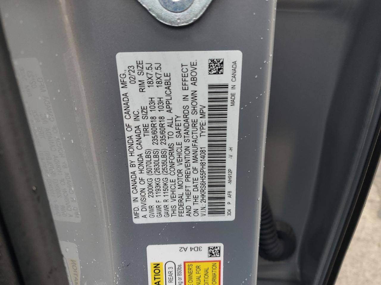 2023 HONDA CR-V SPORT VIN:2HKRS6H55PH814081