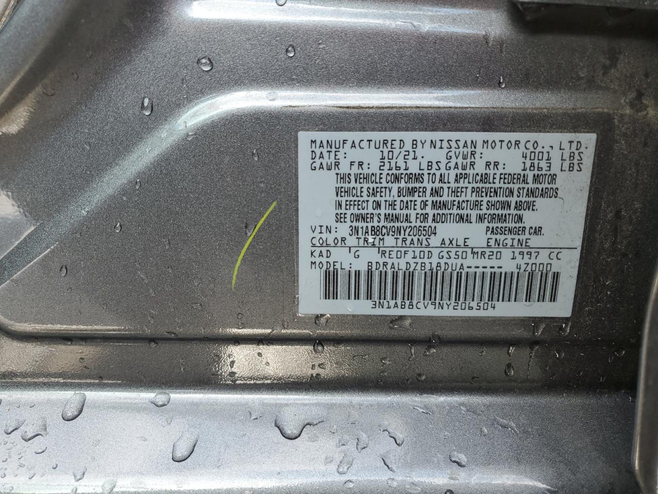 2022 NISSAN SENTRA SV VIN:3N1AB8CV9NY206504