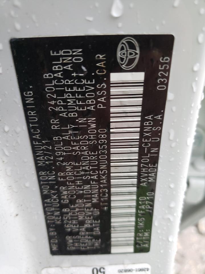 2022 TOYOTA CAMRY LE VIN:4T1C31AK5NU035980