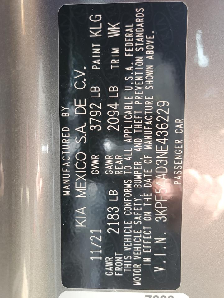 2022 KIA FORTE GT LINE VIN:3KPF54AD3NE436229