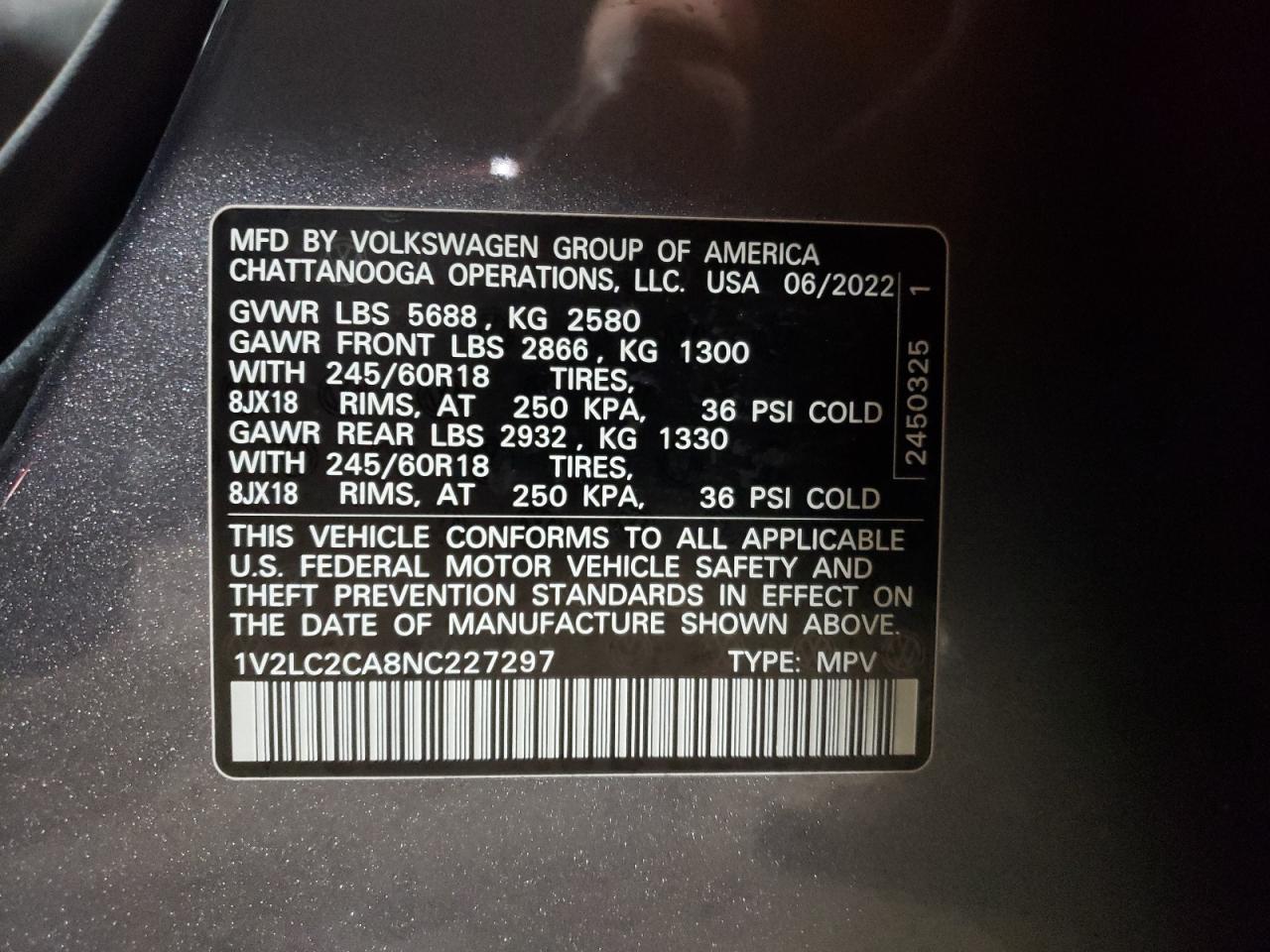 2022 VOLKSWAGEN ATLAS CROSS SPORT SE VIN:1V2LC2CA8NC227297