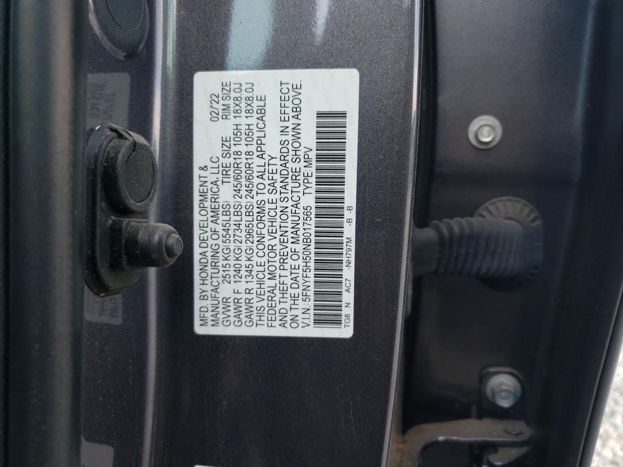 2022 HONDA PILOT EXL VIN:5FNYF5H50NB017565