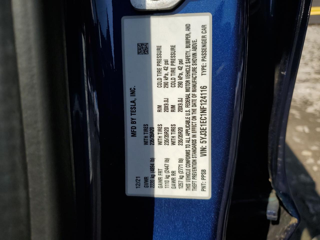 2022 TESLA MODEL 3 VIN:5YJ3E1EC1NF124116
