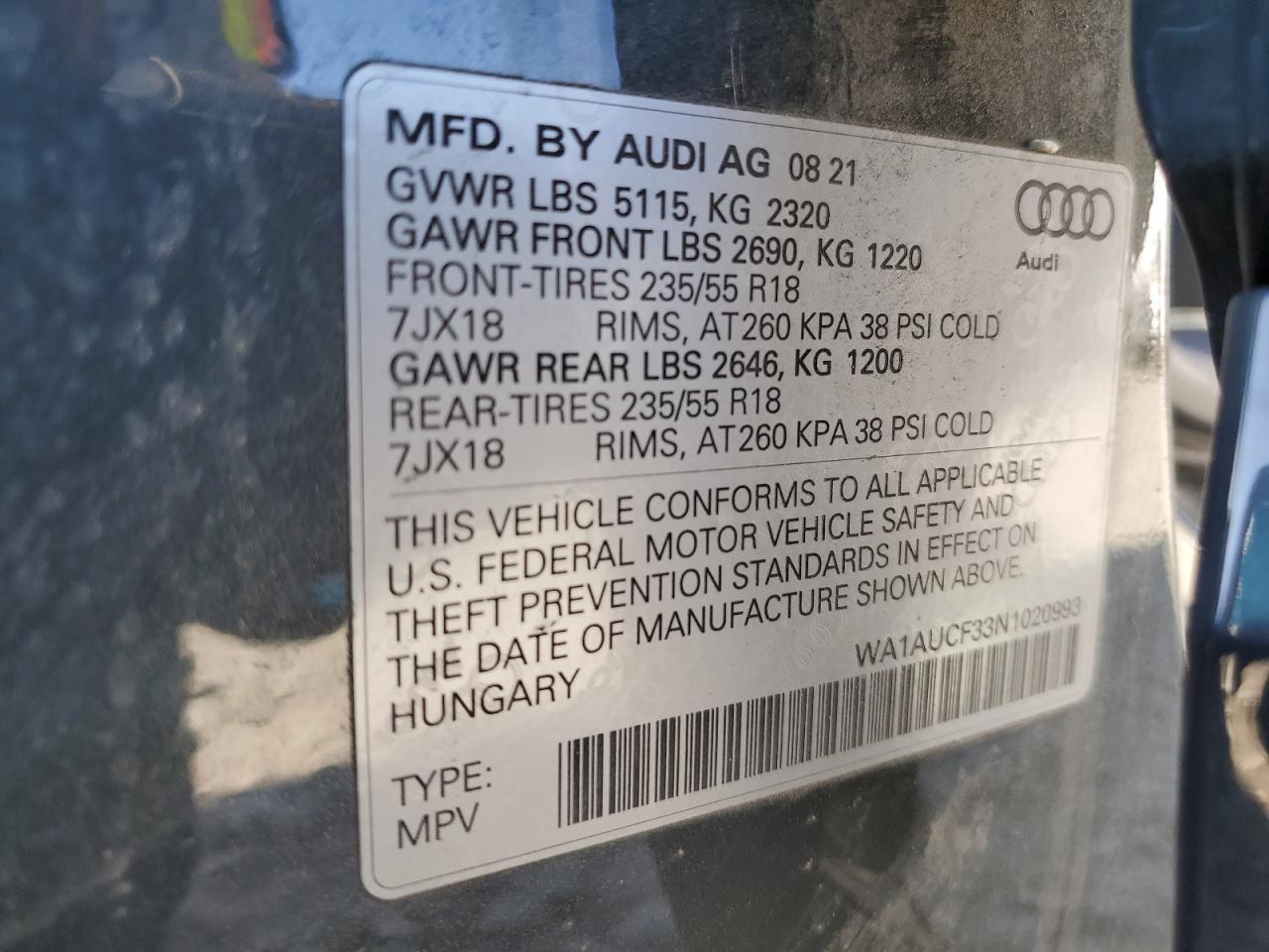 2022 AUDI Q3 PREMIUM 40 VIN:WA1AUCF33N1020993