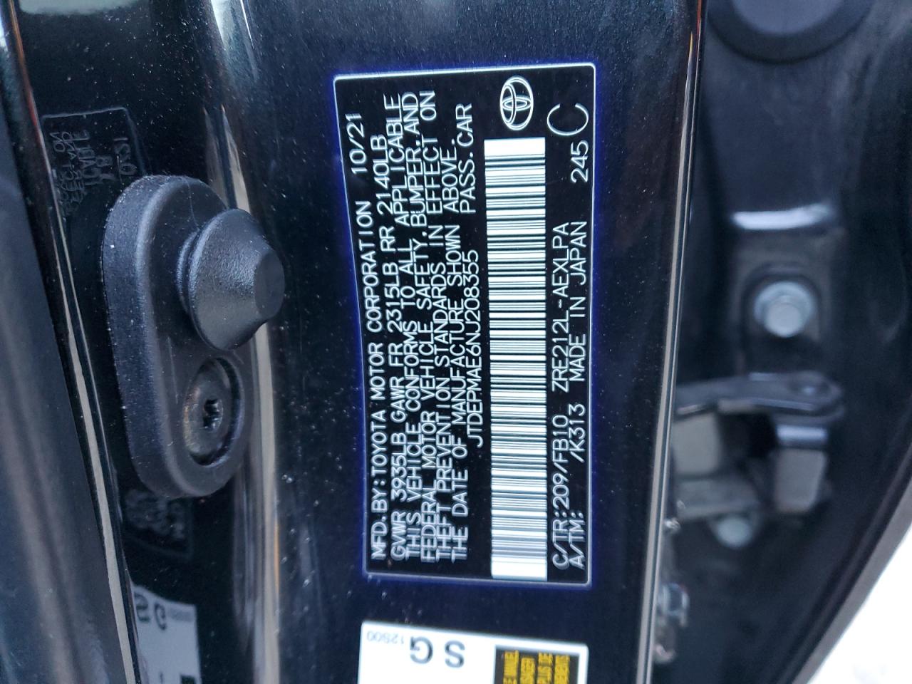 2022 TOYOTA COROLLA LE VIN:JTDEPMAE6NJ208355