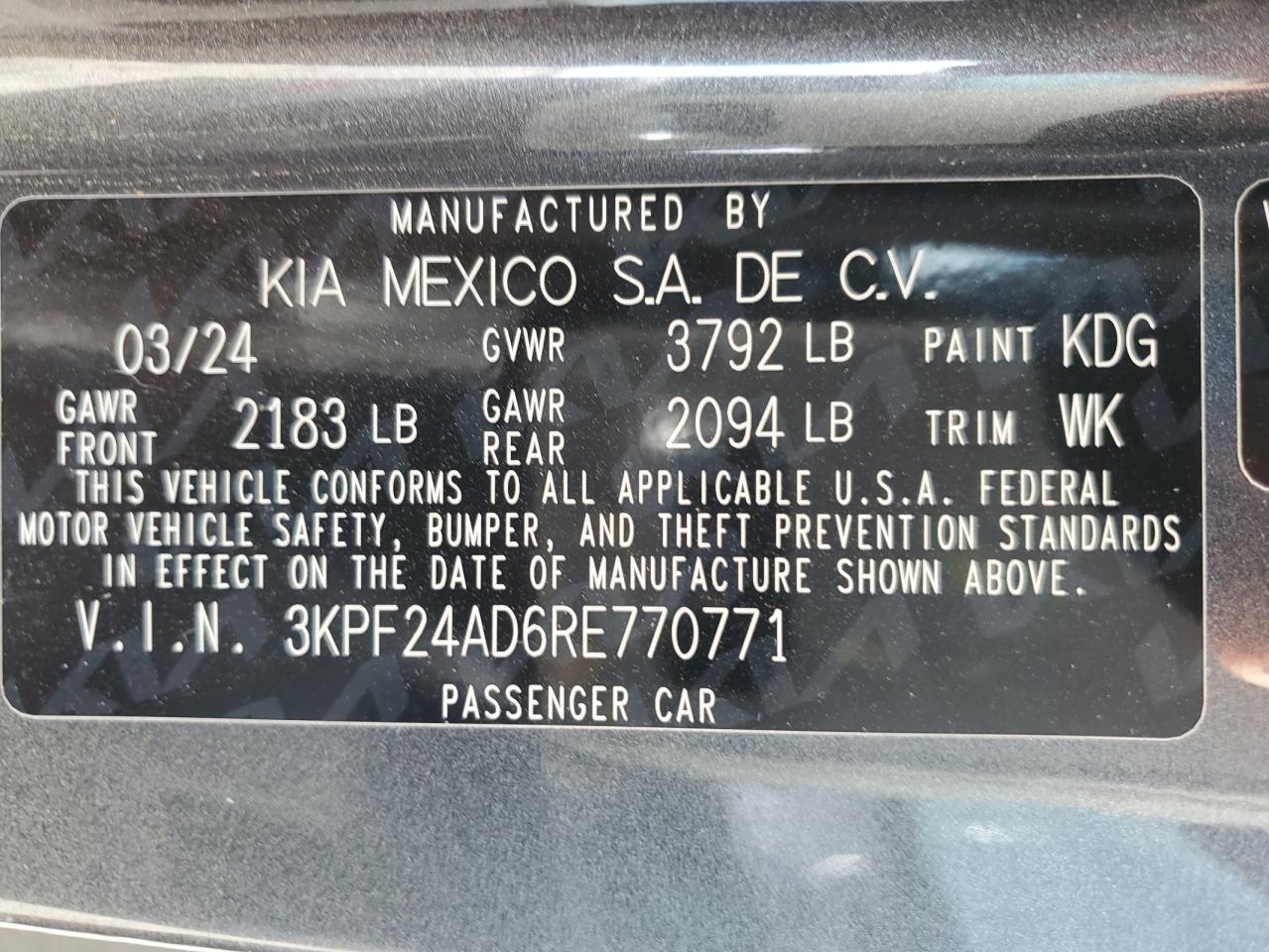 2024 KIA FORTE LX VIN:3KPF24AD6RE770771